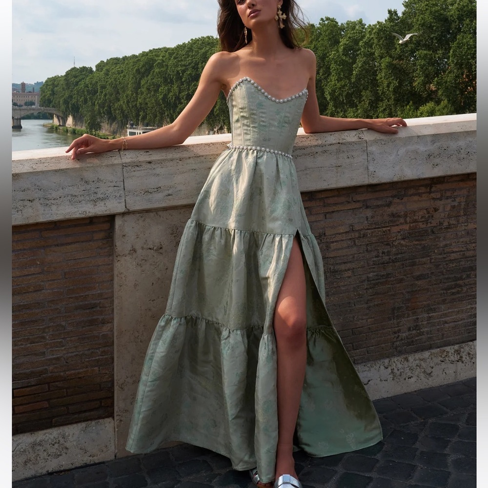 V. Chapman The Vivian Dress in Sage Windsor Brocade